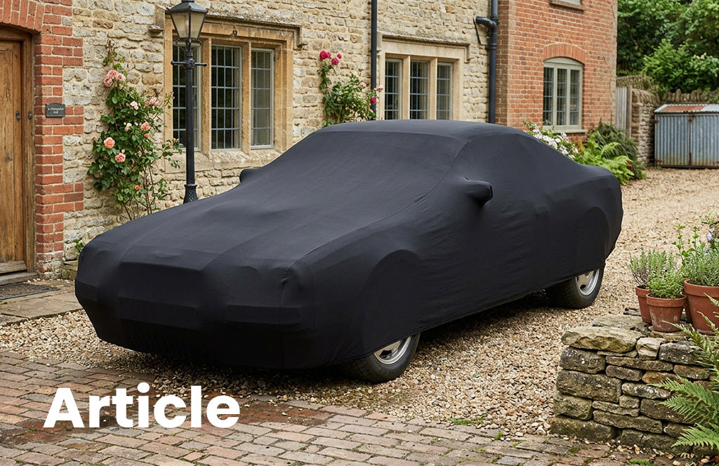 Aston Marting Zagato with a black indoor car cover over the top outside a house 
