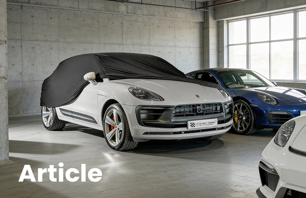 Porsche Macan in a garage with a black indoor car cover over the top showing the front of the car 