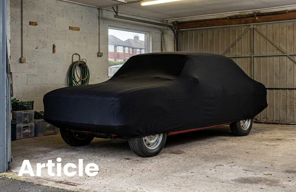 Mazda RX-2 with a indoor black stretch car cover over the top in a garage 